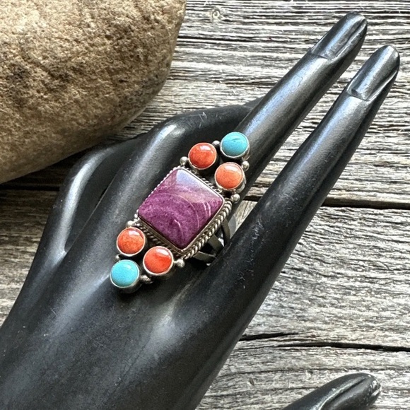 Navajo Sterling Silver Multi Stone Spiny Oyster Turquoise Ring Size 7.5 D Wylie - Picture 12 of 12